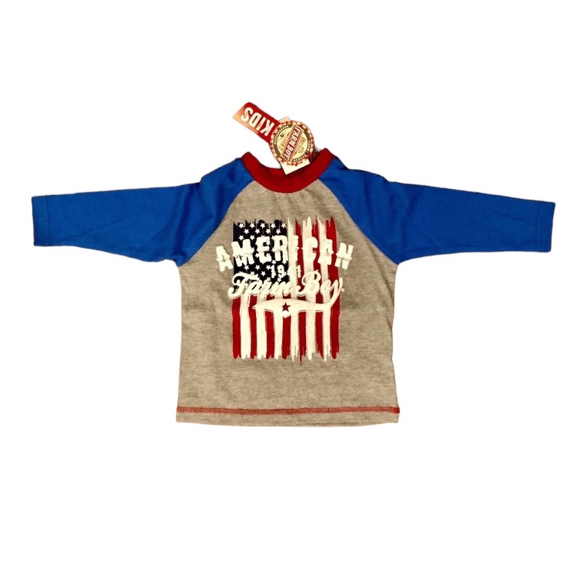 Farm Boy Brand Long Sleeve Gray Blue Red American Farm Boy Flag Tee 18 Months
